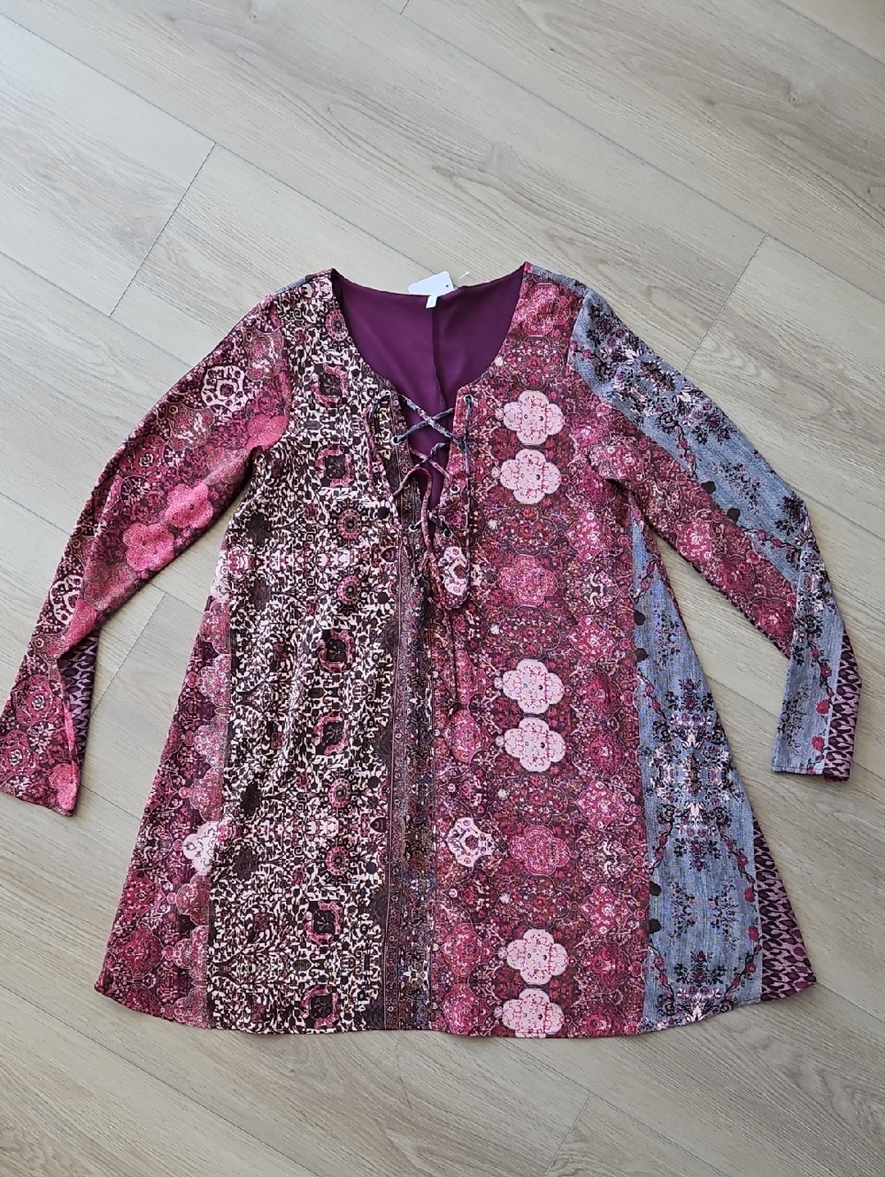Sage Patchwork Lace-Up Tunic in Berry Pink and Mauve